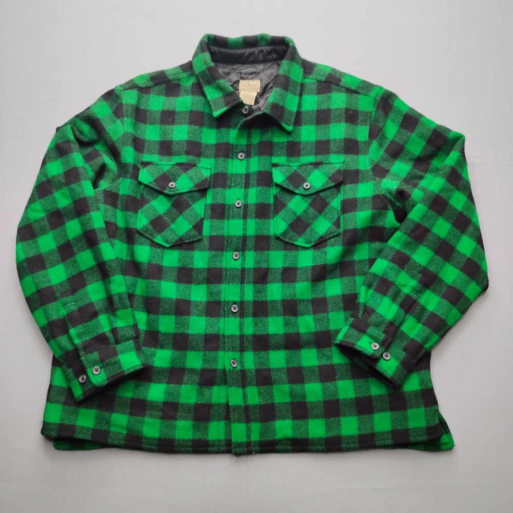 LL Bean Green Black Buffalo Plaid Quilted Lined Wool Shirt Jacket 277790 XXL